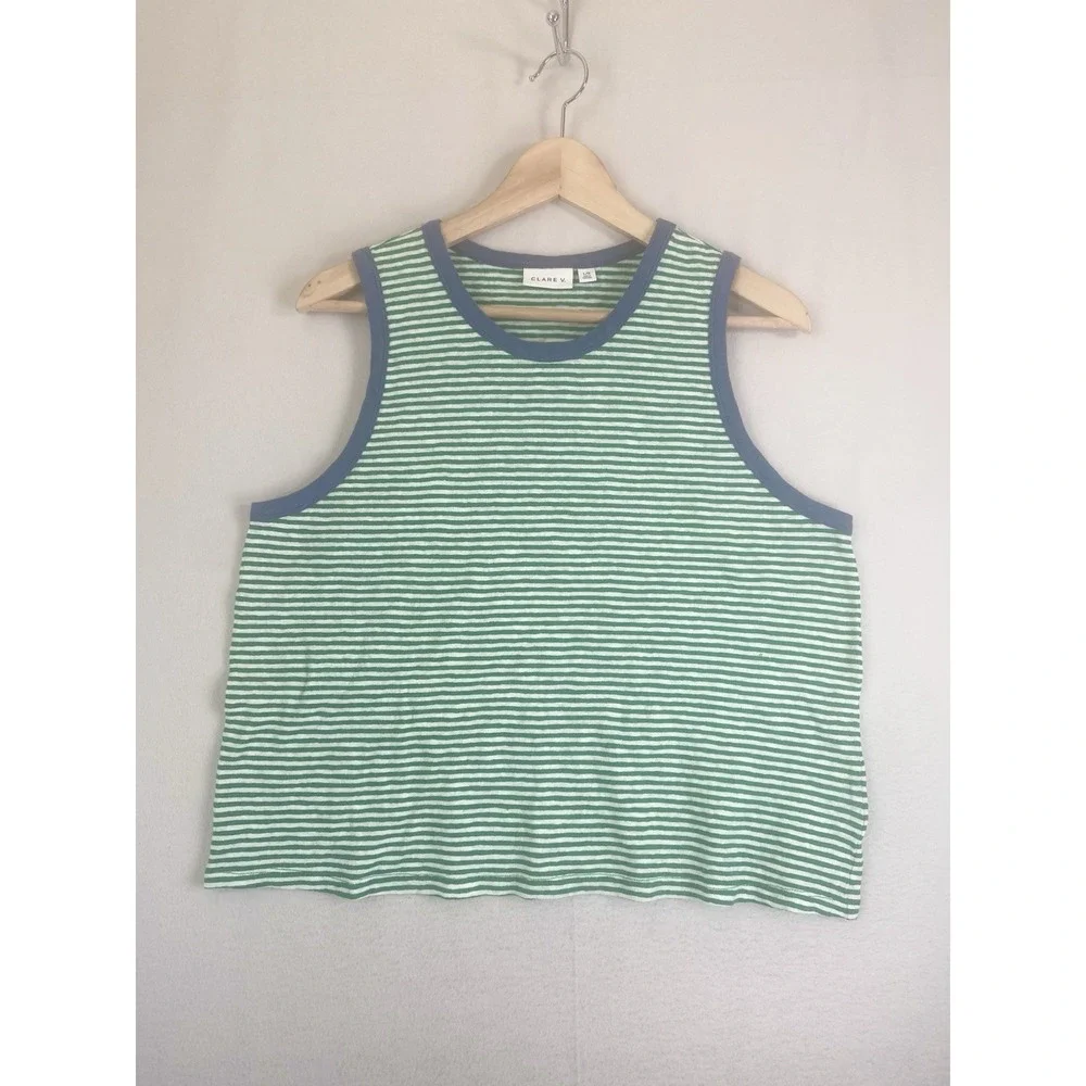 Clare V Camp Fit Tank Womens L Green White Stripe Linen Cotton Top Sleeveless